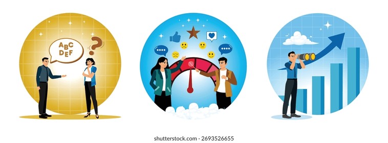 Uma conversa complexa entre as equipes de negócios. O empresário analisa os painéis de comentários dos clientes com avaliações positivas e negativas. Empresário observa um gráfico do crescimento econômico.