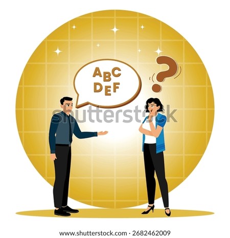 A complex conversation between business teams. A male businessman speaks to a female businessman in a language that is difficult to understand.