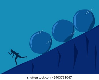 Complex crisis. man running away from crisis stones. vector 