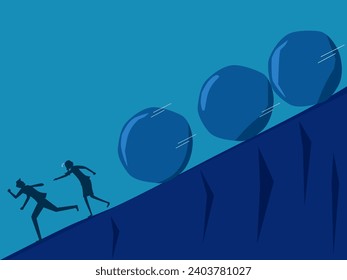 Complex crisis. Two businessmen running away from crisis rocks. vector 