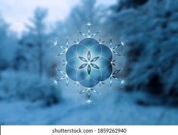 Complex crystal geometric snowflake on background with winter frozen forest. Sacred geometry and holiday vector design for christmas and new year mood. Visionary mandala for yoga and meditation.