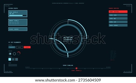 A complex, dark mode futuristic system navigation interface featuring mission control status, system diagnostics, and a critical threat monitor.