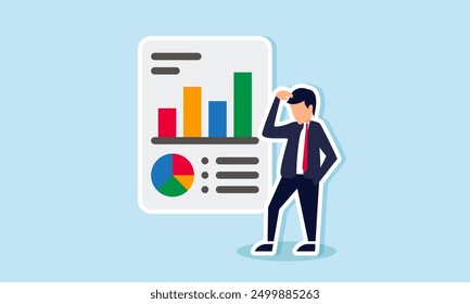 Komplexe Datenanalyse mit Tortendiagrammen und Graphen Konzept eines Geschäftsmanns, der durch einen komplexen Datenbericht verwirrt wird