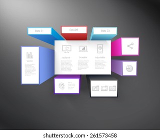 Complex Datasheet or Different Info Cubes Advertisement Concept  For Your Design. Computer Technology Icon Symbol Set Included.