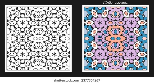 Complex decorative ornament for coloring. Plus color version. Vector illustration
