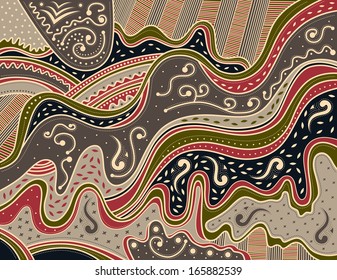 Complex decorative ornament of light elements with colored spots of gray, red, green and black colors