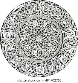 Complex decorative round knot pattern. Black and white ornamental sketch for decorative purpose.