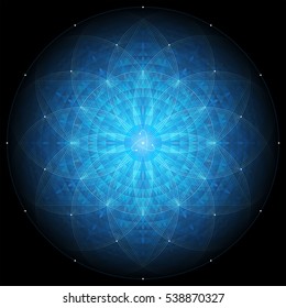 complex deep blue geometric mandala on black background, sacred geometry, flower of life and atom, vector