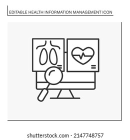 Icono de línea de diagnóstico complejo. Lunas de examen y estado del corazón. Rayos X y cardiograma en la pantalla del ordenador. Concepto de gestión de la información sanitaria. Ilustración vectorial aislada. Trazo editable