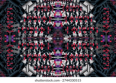 A complex digital abstract illustration featuring a symmetrical industrial grid pattern. The design incorporates metallic silver cylinders, dark grey geometric blocks, and vibrant red and purple accents, creating a high-tech, futuristic cyberpunk aesthetic. Ideal for technology, gaming, and modern architecture backgrounds.