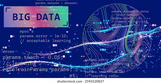 Complex digital illustration depicting machine learning concepts with programming code and abstract holographic shapes. The background is filled with vibrant colors and pixelated patterns.