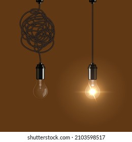 Complex And Easy Process Of Solving Difficult Problem. Electric Lamp With Or Without Light Of Innovation, Untangling Chaos Of Complicated Project Vector Illustration. Simplify, Complexity Concept