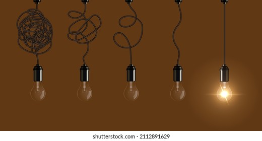 Complex And Easy Process Of Solving Difficult Problem. Electric Lamp With Or Without Light Of Innovation, Untangling Chaos Of Complicated Project Vector Illustration. Simplify, Complexity Concept