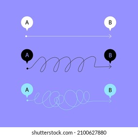 Complex and easy simple way. Destination from point A to B. Chaos simplifying, problem solving and business solution plan, searching challenge concept. Hand dwawn doodle scribble chaos path lines.