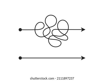 Complex and easy simple way linear symbol isolated on white backdrop. Point A to B. Chaos and disorder concept and simplification process . Element design. Doodle vector graphic illustration.