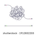 Complex and easy simple way from point A to B vector illustration. Chaos simplifying, problem solving and business solution searching challenge concept. Hand drawn doodle scribble chaos path lines.