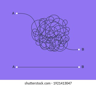 Complex and easy simple way from point A to B vector illustration. Chaos simplifying, problem solving and business solution searching challenge concept. Hand drawn doodle scribble chaos path lines.