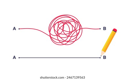 Forma simple y compleja de la Ilustración vectorial del punto A al punto B. Simplificación del caos, solución de problemas y búsqueda de soluciones empresariales concepto de desafío. Dibujado a mano garabato garabato caos camino líneas.