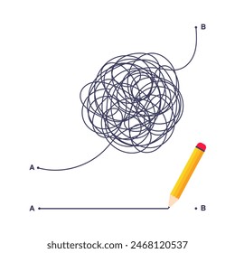 Complex and easy simple way from point A to B vector illustration. Chaos simplifying, problem solving and business solution searching challenge concept. Hand drawn doodle scribble chaos path lines.