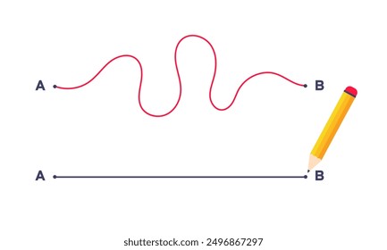 Complex and easy simple way from point A to B vector illustration. Chaos simplifying, problem solving and business solution searching challenge concept. Hand drawn doodle scribble chaos path lines.