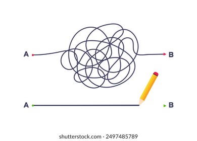 Complex and easy simple way from point A to B vector illustration. Chaos simplifying, problem solving and business solution searching challenge concept. Hand drawn doodle scribble chaos path lines.