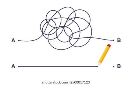 Complex and easy simple way from point A to B vector illustration. Chaos simplifying, problem solving and business solution searching challenge concept. Hand drawn doodle scribble chaos path lines.