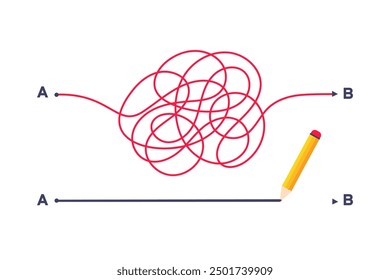 Complex and easy simple way from point A to B vector illustration. Chaos simplifying, problem solving and business solution searching challenge concept. Hand drawn doodle scribble chaos path lines.