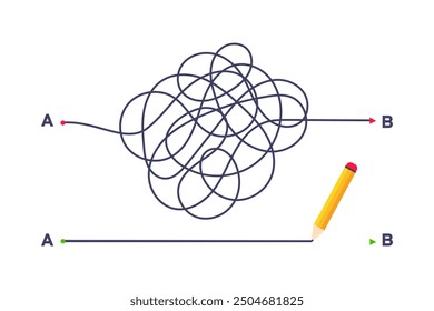 Complex and easy simple way from point A to B vector illustration. Chaos simplifying, problem solving and business solution searching challenge concept. Hand drawn doodle scribble chaos path lines.