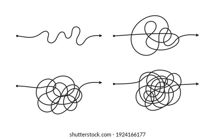 Complex and easy simple way from start to end vector illustration set. Chaos simplifying, problem solving and business solution searching challenge concept. Hand drawn doodle scribble chaos path lines