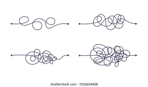 Complex and easy simple way from start to end vector illustration set. Chaos simplifying, problem solving and business solution searching challenge concept. Hand drawn doodle scribble chaos path lines