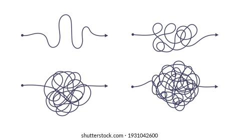 Complex and easy simple way from start to end vector illustration set. Chaos simplifying, problem solving and business solution searching challenge concept. Hand drawn doodle scribble chaos path lines