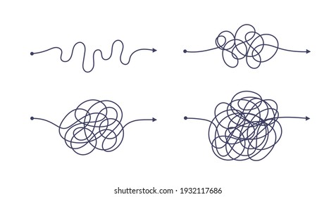 Complex and easy simple way from start to end vector illustration set. Chaos simplifying, problem solving and business solution searching challenge concept. Hand drawn doodle scribble chaos path lines