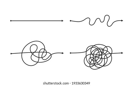 Komplex und einfach von Anfang bis Ende Vektorgrafik Set. Chaos vereinfacht, Problemlösung und Business-Lösung Suche Herausforderung Konzept. Handgezeichnete Schneeballbahn