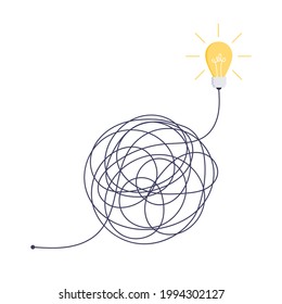 Complex easy simple way from start to idea. Chaos simplifying, problem solving and business solutions idea searching concept vector illustration. Hand drawn doodle scribble chaos lines and light bulb.