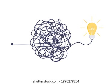 Complex easy simple way from start to idea. Chaos simplifying, problem solving and business solutions idea searching concept vector illustration. Hand drawn doodle scribble chaos lines and light bulb.