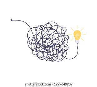 Complex easy simple way from start to idea. Chaos simplifying, problem solving and business solutions idea searching concept vector illustration. Hand drawn doodle scribble chaos lines and light bulb.