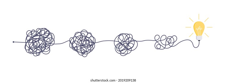 Complex easy simple way from start to idea. Chaos simplifying, problem solving and business solutions idea searching concept vector illustration. Hand drawn doodle scribble chaos lines and light bulb.