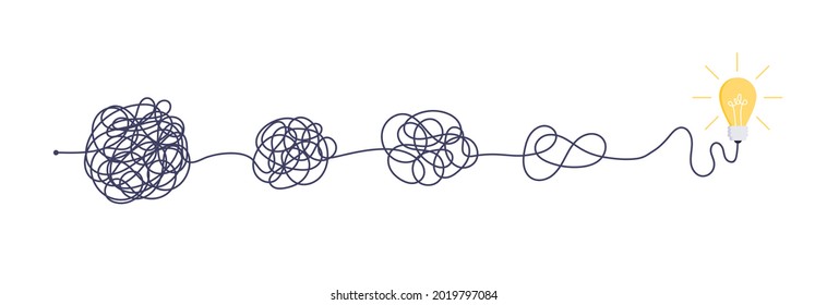 Complex easy simple way from start to idea. Chaos simplifying, problem solving and business solutions idea searching concept vector illustration. Hand drawn doodle scribble chaos lines and light bulb. - Shutterstock ID 2019797084