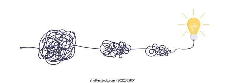Complex easy simple way from start to idea. Chaos simplifying, problem solving and business solutions idea searching concept vector illustration. Hand drawn doodle scribble chaos lines and light bulb.