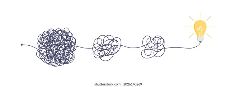 Complex easy simple way from start to idea. Chaos simplifying, problem solving and business solutions idea searching concept vector illustration. Hand drawn doodle scribble chaos lines and light bulb.