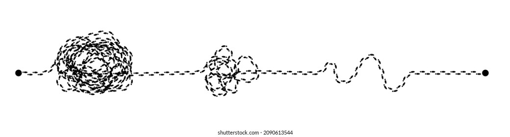 Complex and easy simple way from start to end vector illustration. Abstract path from point A to B with black doodle scribble complicated chaos tangle and fast short route of thread isolated on white