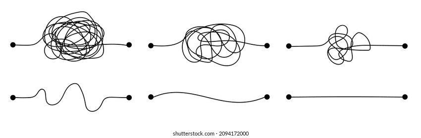 Complex and easy simple way from start to end vector illustration. Abstract path from point A to B with black doodle scribble complicated chaos tangle and fast short route of thread isolated on white