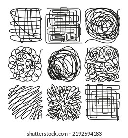Complex and easy simple way from start to end vector illustration set. Chaos simplifying, problem solving and business solution searching challenge concept. Hand drawn doodle scribble chaos path lines