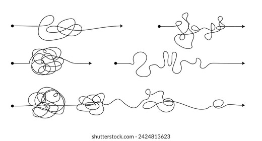 Complejo fácil y sencillo desde el principio hasta la idea. Caos simplificando, solución de problemas y soluciones empresariales idea de búsqueda concepto ilustración vectorial. Dibujado a mano garabato garabato caos líneas 