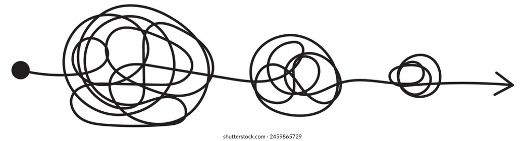 Complex and easy simple way from start to end . Chaos simplifying, problem solving and business solution searching challenge concept. Hand drawn doodle scribble chaos path lines. eps 10