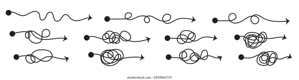 Complex and easy simple way from start to end . Chaos simplifying, problem solving and business solution searching challenge concept. Hand drawn doodle scribble chaos path lines. eps 10