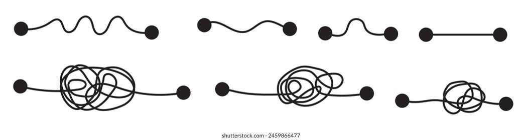 Complex and easy simple way from start to end . Chaos simplifying, problem solving and business solution searching challenge concept. Hand drawn doodle scribble chaos path lines. eps 10