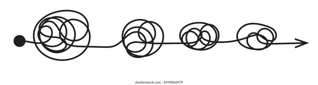 Complex and easy simple way from start to end . Chaos simplifying, problem solving and business solution searching challenge concept. Hand drawn doodle scribble chaos path lines. eps 10