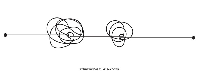 Complex and easy simple way from start to end, path from point A to B with black thread. Chaos mind brain, problem solving and business solution searching challenge concept. vector illustration. EPS10