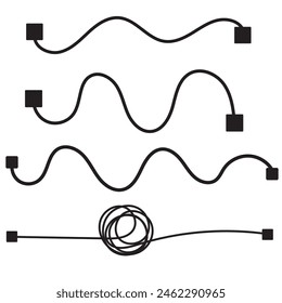 Complex and easy simple way from start to end, path from point A to B with black thread. Chaos mind brain, problem solving and business solution searching challenge concept. vector illustration. EPS10